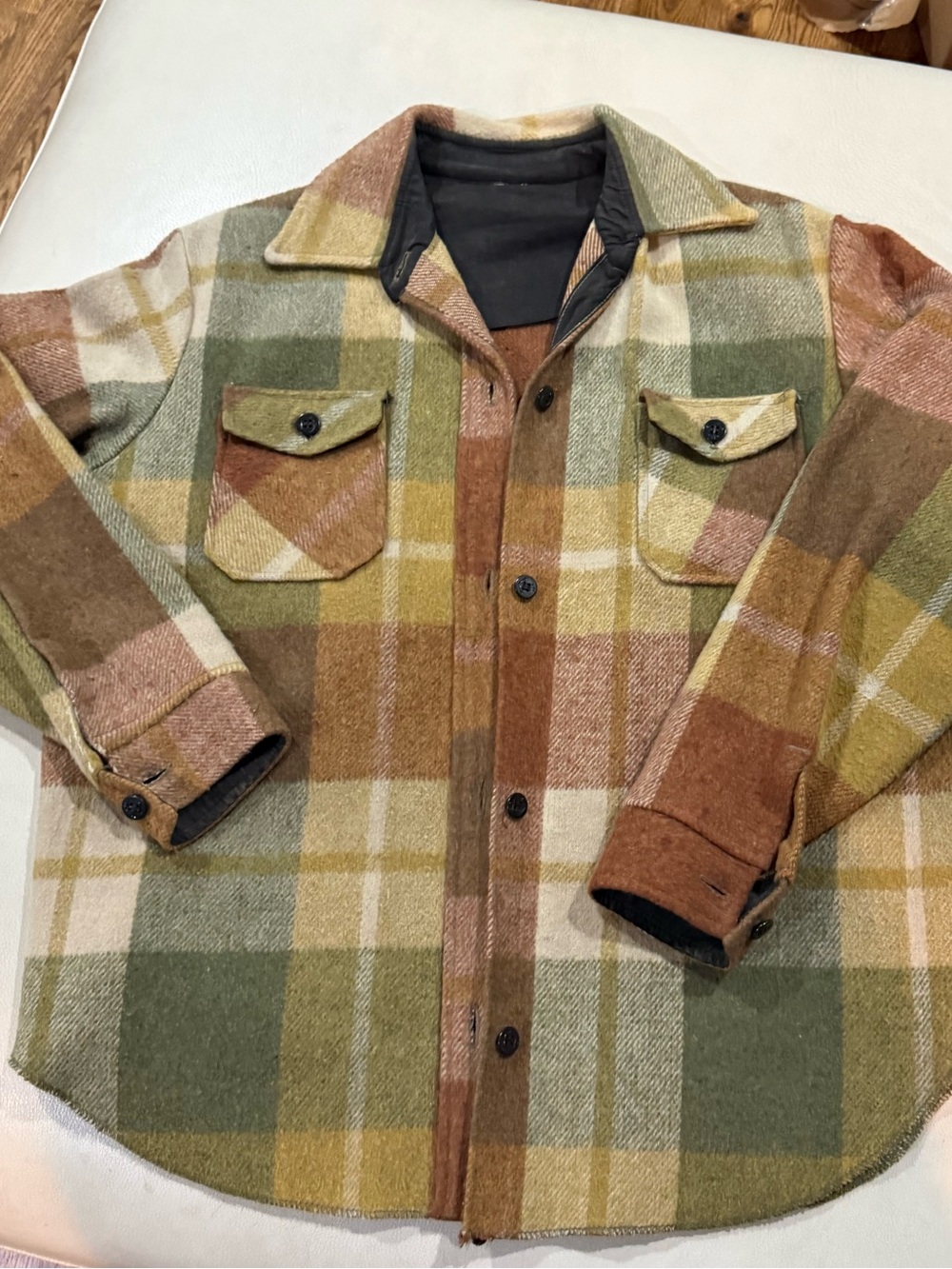 Vintage Earth Tone Plaid Wool-Blend CPO Shirt Jacket/Shacket
